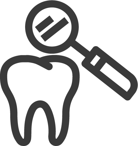 Dental crown examination with a mirror and tooth icon.
