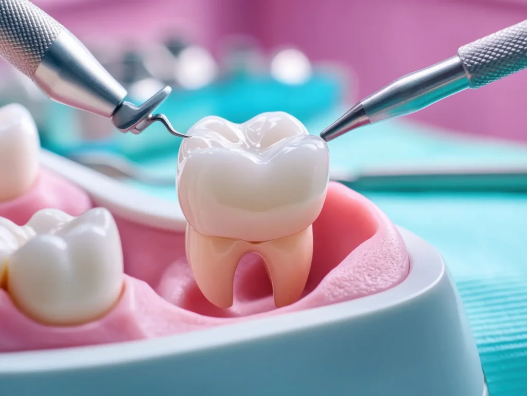 Cosmetic bonding on a tooth model with dental tools