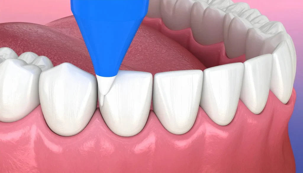 Cosmetic bonding: Dental professional applying bonding material to a tooth.